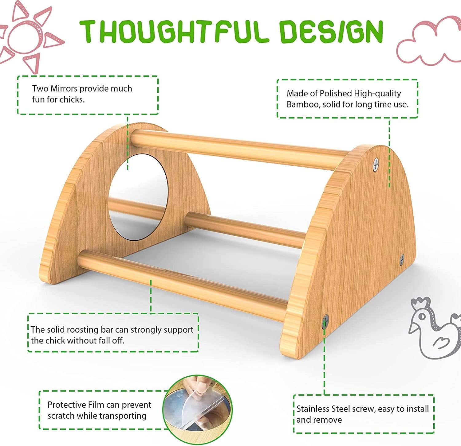 Mini Chick Perch with Mirror - Durable Bamboo Roosting Bar for Coop and Brooder, Ideal Training Perch for Young Chicks, Easy Assembly and Cleaning, Engaging Toy for Poultry