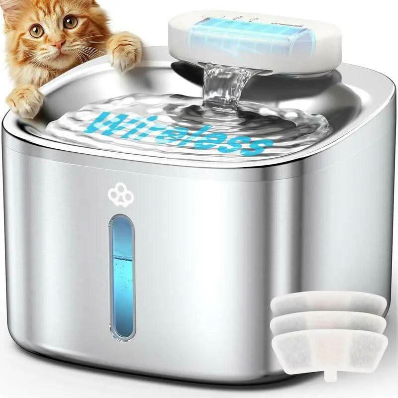 Oneisall Wireless & Stainless Steel Cat Water Fountain, 3.5L/118Oz Automatic Cat Water Fountain,304 Stainless Steel,Cordless & Rechargeable with Motion Sensor and Low Noise