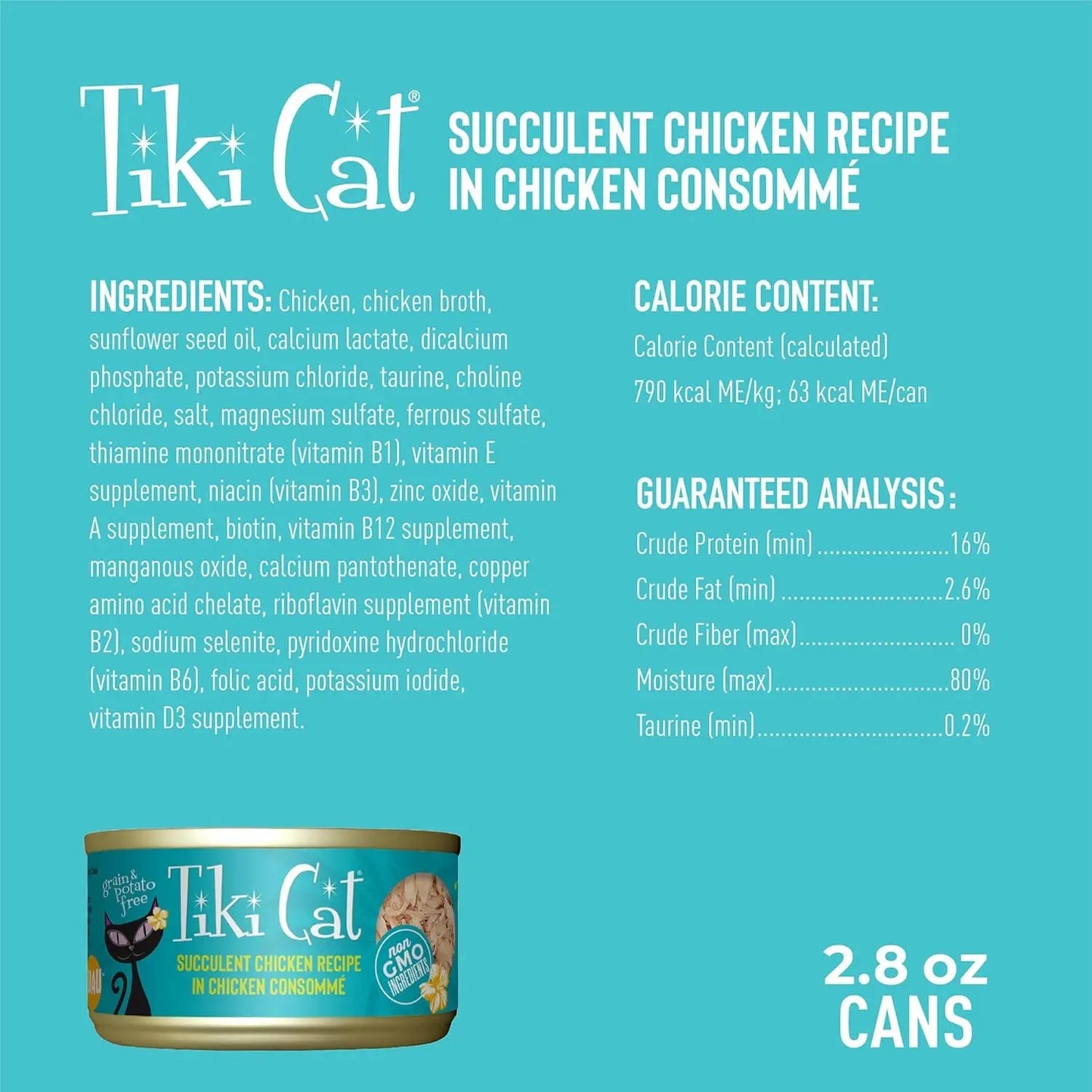Tiki Cat Luau Shredded Chicken Recipe in Chicken Consommé, Grain-Free Wet Canned Cat Food for All Life Stages, 2.8 Oz. Can (12 Count)