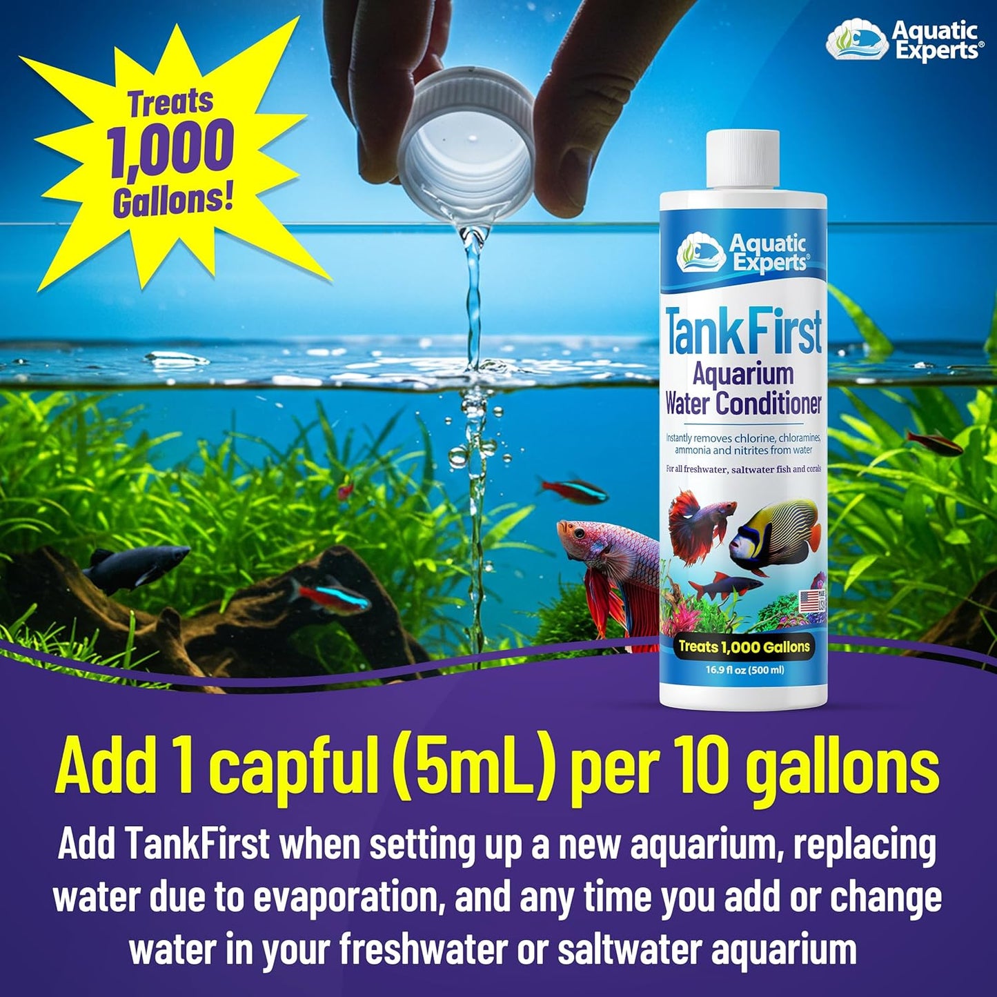 Tankfirst Complete Aquarium Water Conditioner - Effective Removal of Chlorine, Chloramines, and Ammonia Detoxification for Aquatic Environments (Regular, 500 mL)