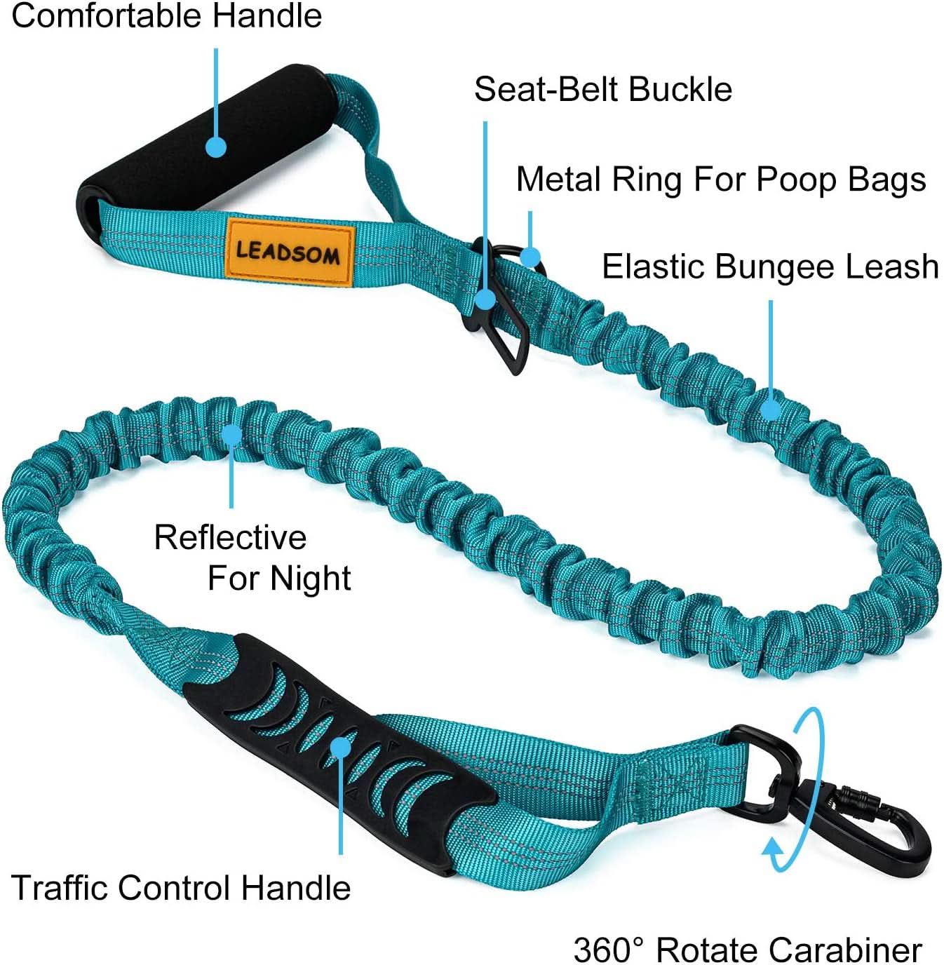 6FT Heavy-Duty Elastic Bungee Dog Leash with Shock Absorption, Padded Comfort Handle, and Traffic Handle for Medium and Large Dogs - Ideal for Training