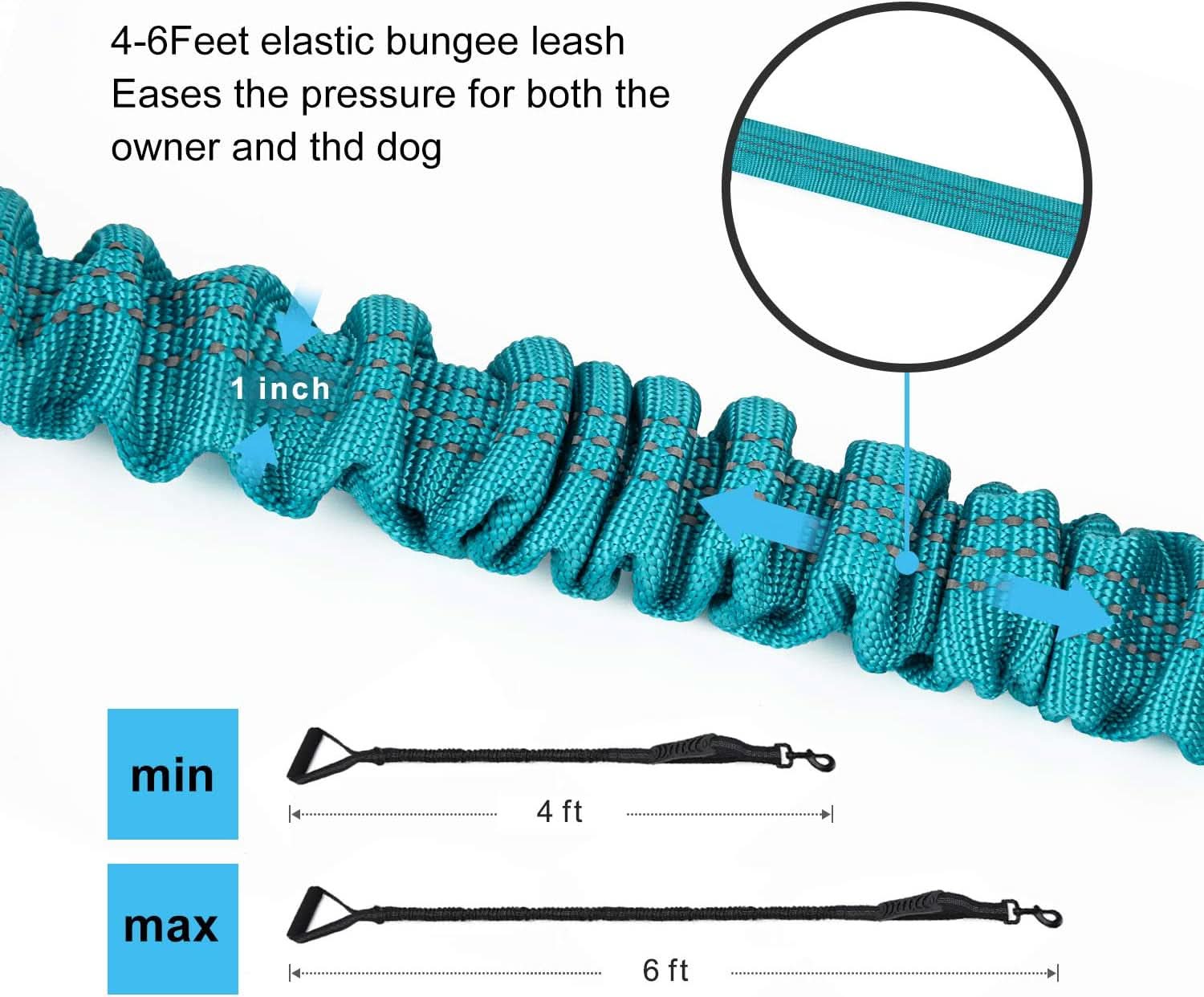 6FT Heavy-Duty Elastic Bungee Dog Leash with Shock Absorption, Padded Comfort Handle, and Traffic Handle for Medium and Large Dogs - Ideal for Training