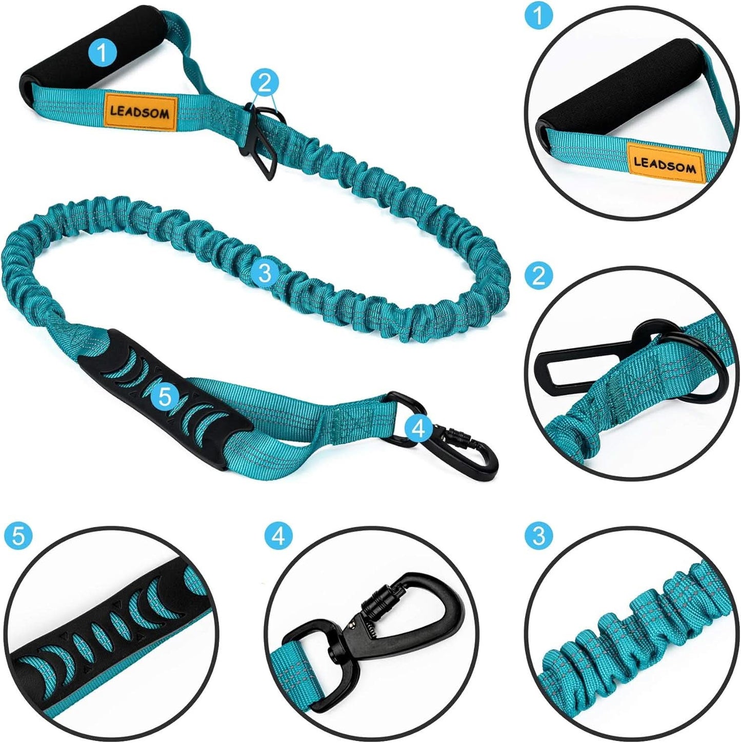 6FT Heavy-Duty Elastic Bungee Dog Leash with Shock Absorption, Padded Comfort Handle, and Traffic Handle for Medium and Large Dogs - Ideal for Training