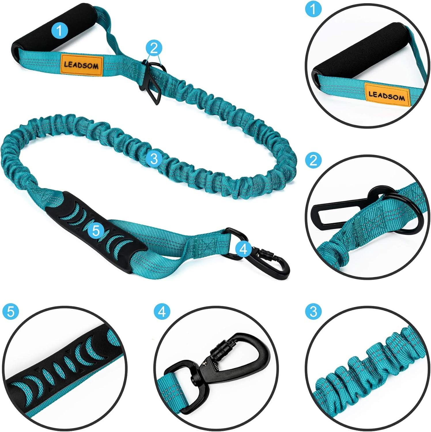 6FT Heavy-Duty Elastic Bungee Dog Leash with Shock Absorption, Padded Comfort Handle, and Traffic Handle for Medium and Large Dogs - Ideal for Training
