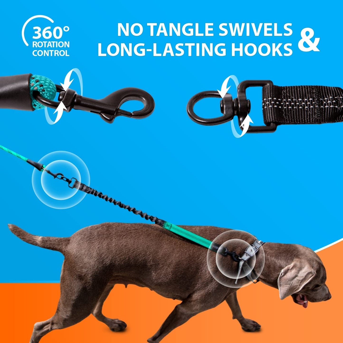 Durable Bungee Leash for Medium to Large Dogs with Anti-Pull Shock Absorption - Non-Slip Reflective Outdoor Lead (Teal, 5.5 Ft)