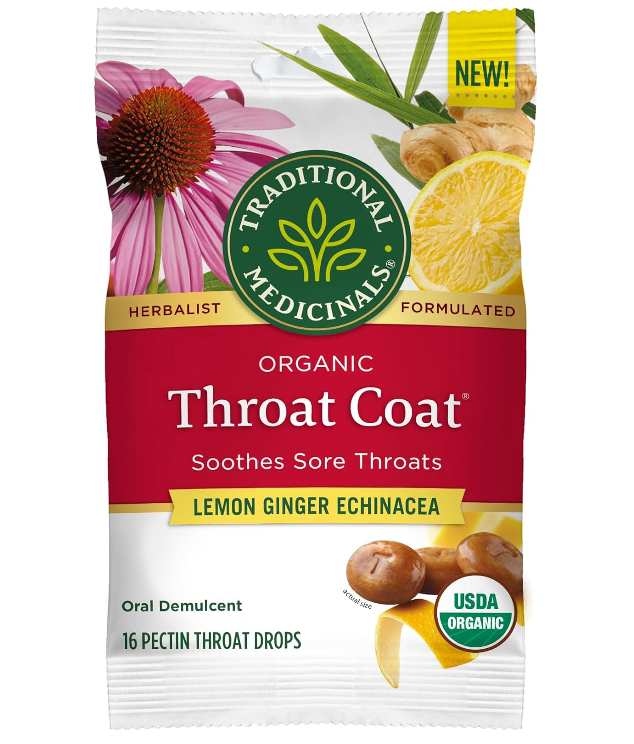Organic Throat Coat Lozenges with Lemon, Ginger, and Echinacea for Sore Throat Relief, 16 Individually Wrapped Lozenges