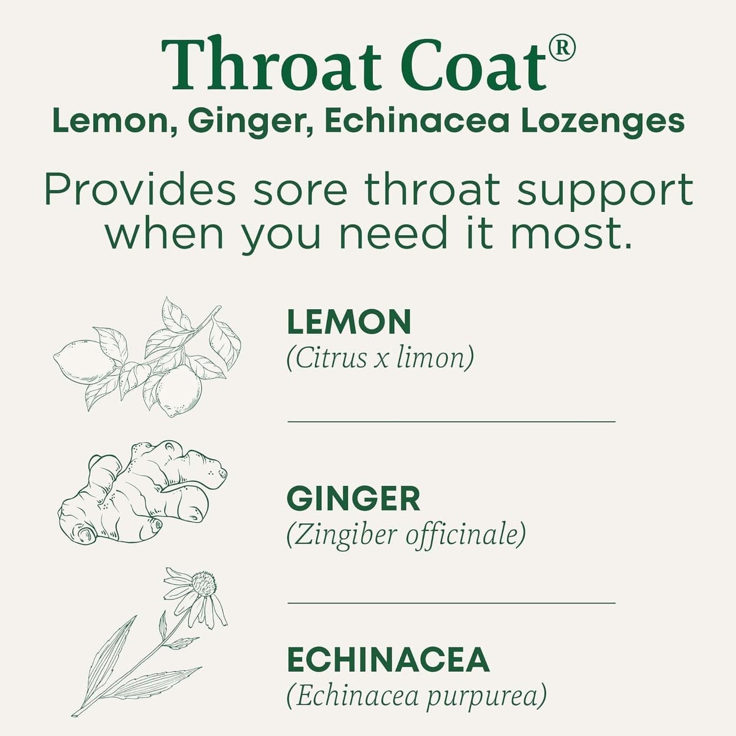 Organic Throat Coat Lozenges with Lemon, Ginger, and Echinacea for Sore Throat Relief, 16 Individually Wrapped Lozenges