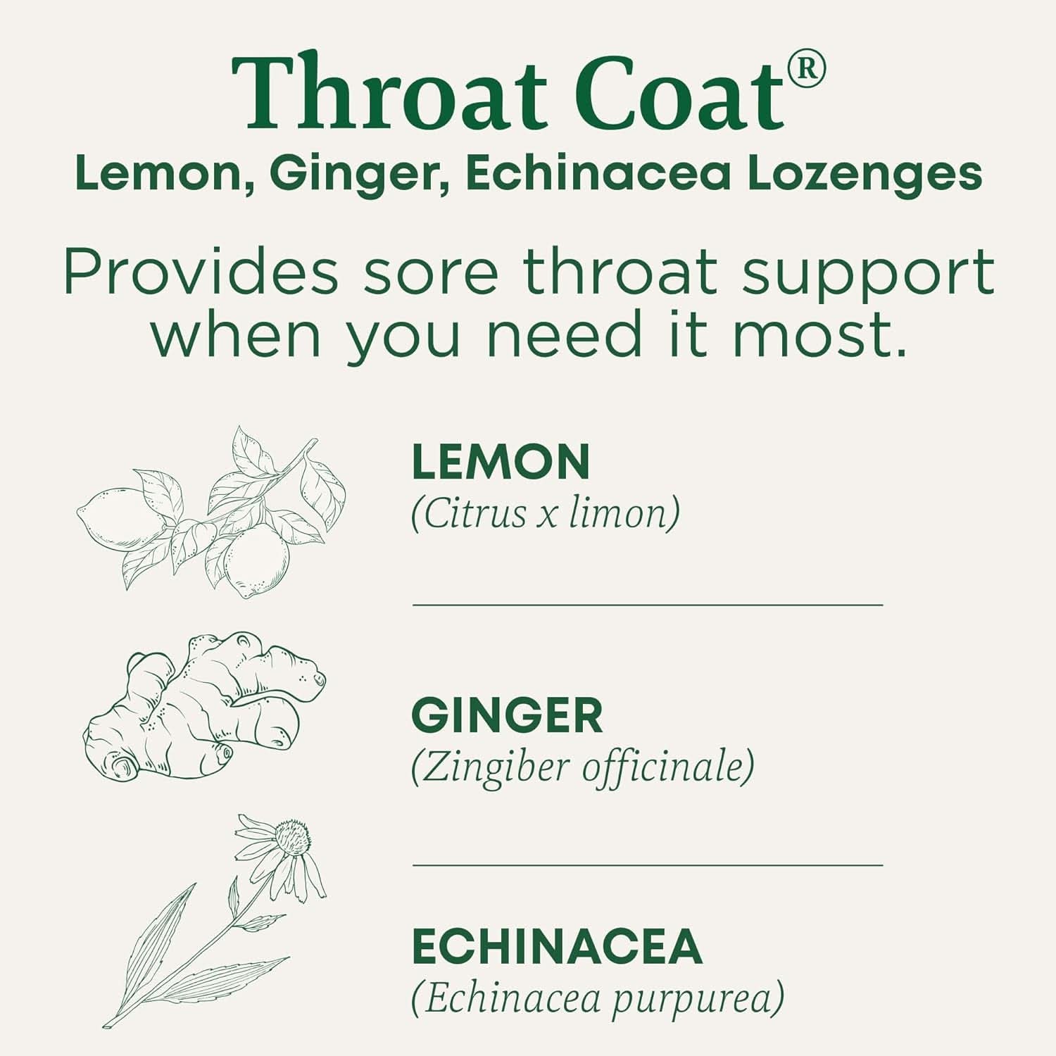 Organic Throat Coat Lozenges with Lemon, Ginger, and Echinacea for Sore Throat Relief, 16 Individually Wrapped Lozenges