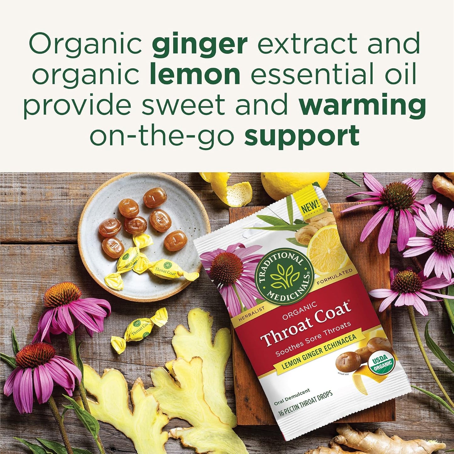 Organic Throat Coat Lozenges with Lemon, Ginger, and Echinacea for Sore Throat Relief, 16 Individually Wrapped Lozenges