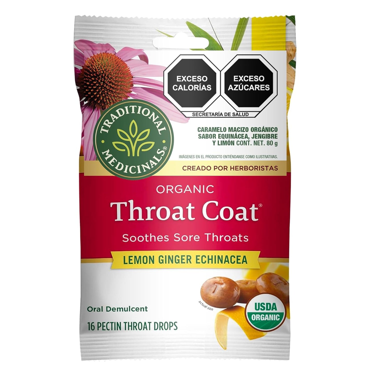 Organic Throat Coat Lozenges with Lemon, Ginger, and Echinacea for Sore Throat Relief, 16 Individually Wrapped Lozenges