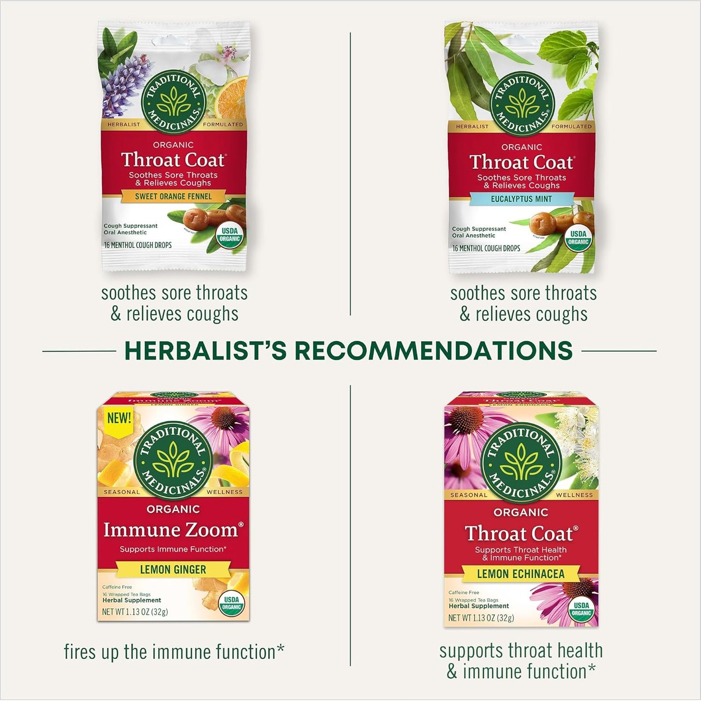 Organic Throat Coat Lozenges with Lemon, Ginger, and Echinacea for Sore Throat Relief, 16 Individually Wrapped Lozenges