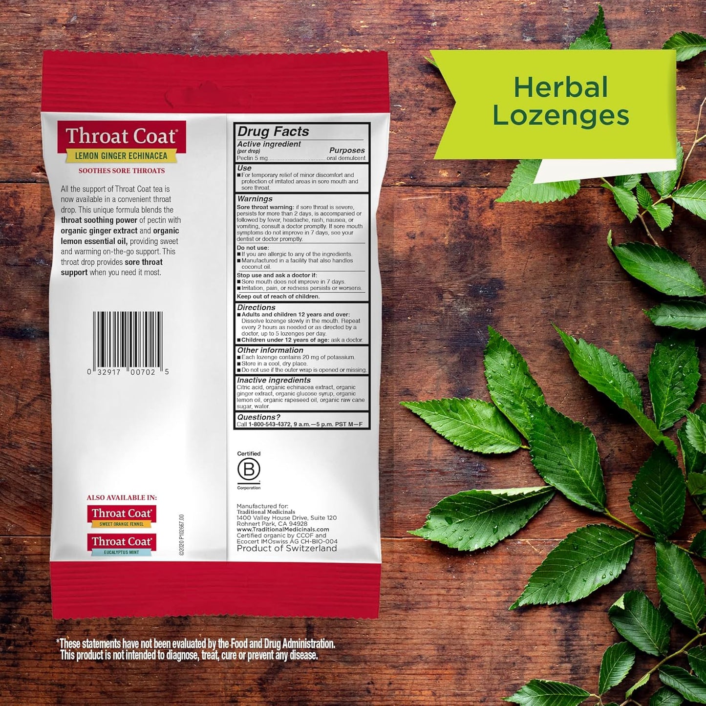 Organic Throat Coat Lozenges with Lemon, Ginger, and Echinacea for Sore Throat Relief, 16 Individually Wrapped Lozenges