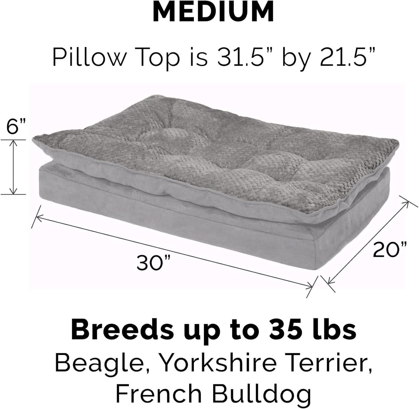 Orthopedic Dog Bed for Medium and Small Dogs with Removable Washable Cover and Pillow Cushion Top, Suitable for Dogs up to 35 lbs - Minky Plush and Suede Mattress in Titanium Gray, Medium Size