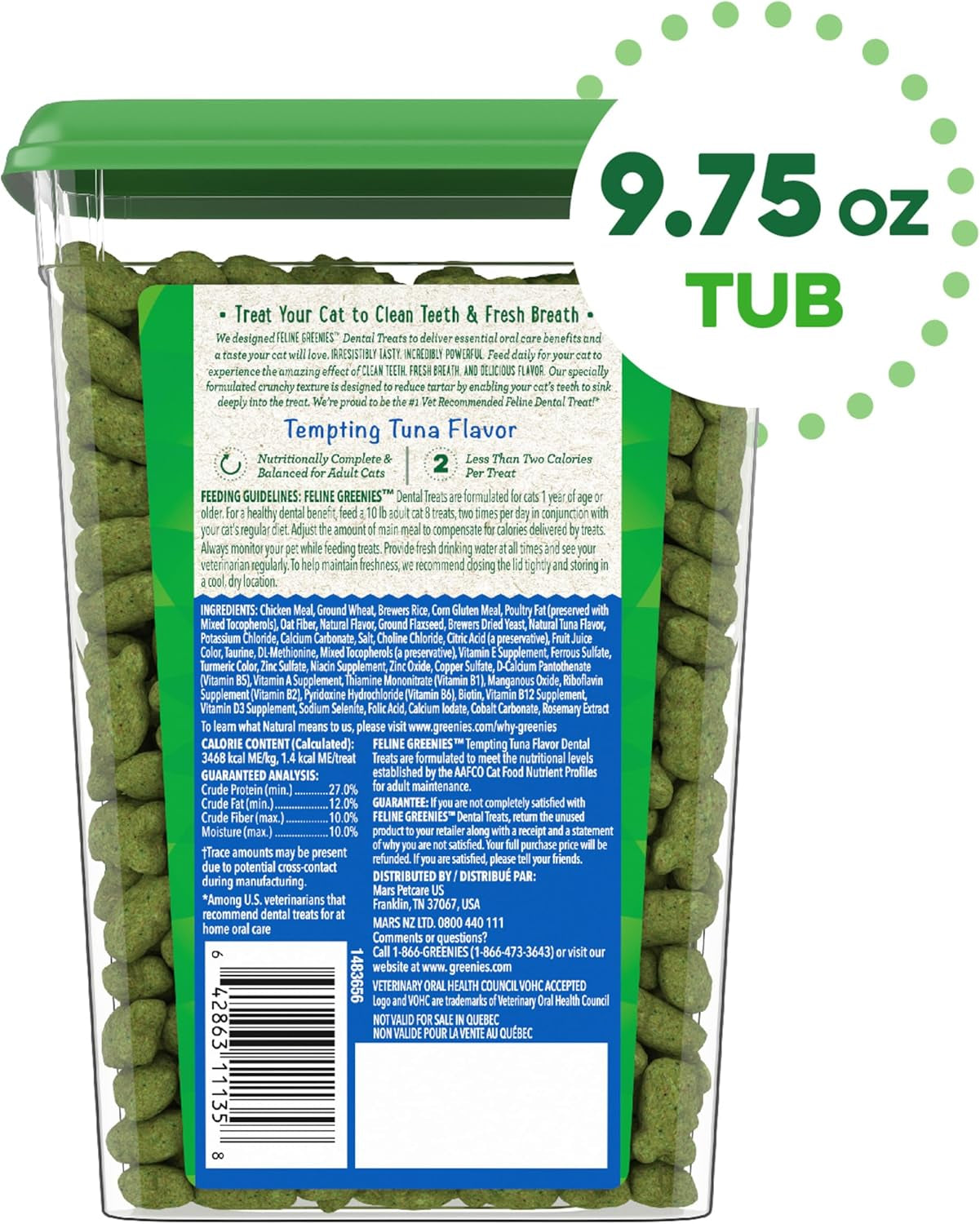 Feline Adult Dental Treats with Tempting Tuna Flavor, 9.75 Oz Tub