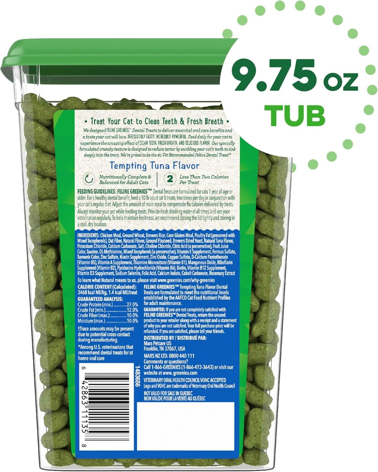 Feline Adult Dental Treats with Tempting Tuna Flavor, 9.75 Oz Tub