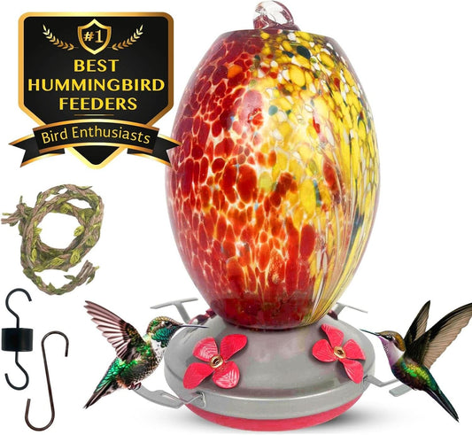 Premium Hanging Glass Hummingbird Feeder with Ant Moat - Durable, Easy to Clean, Volcano Red for Outdoor Gardens