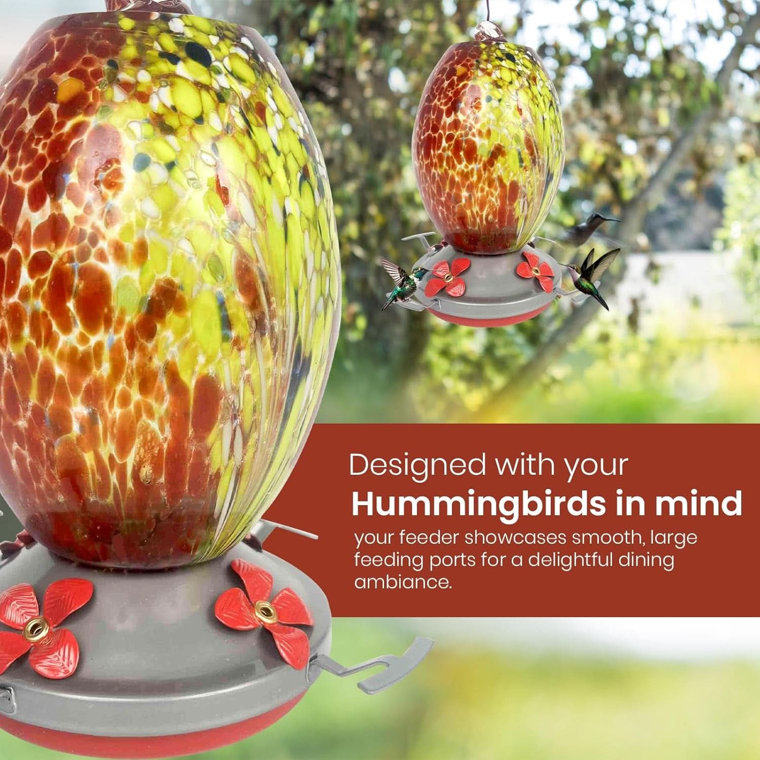 Premium Hanging Glass Hummingbird Feeder with Ant Moat - Durable, Easy to Clean, Volcano Red for Outdoor Gardens