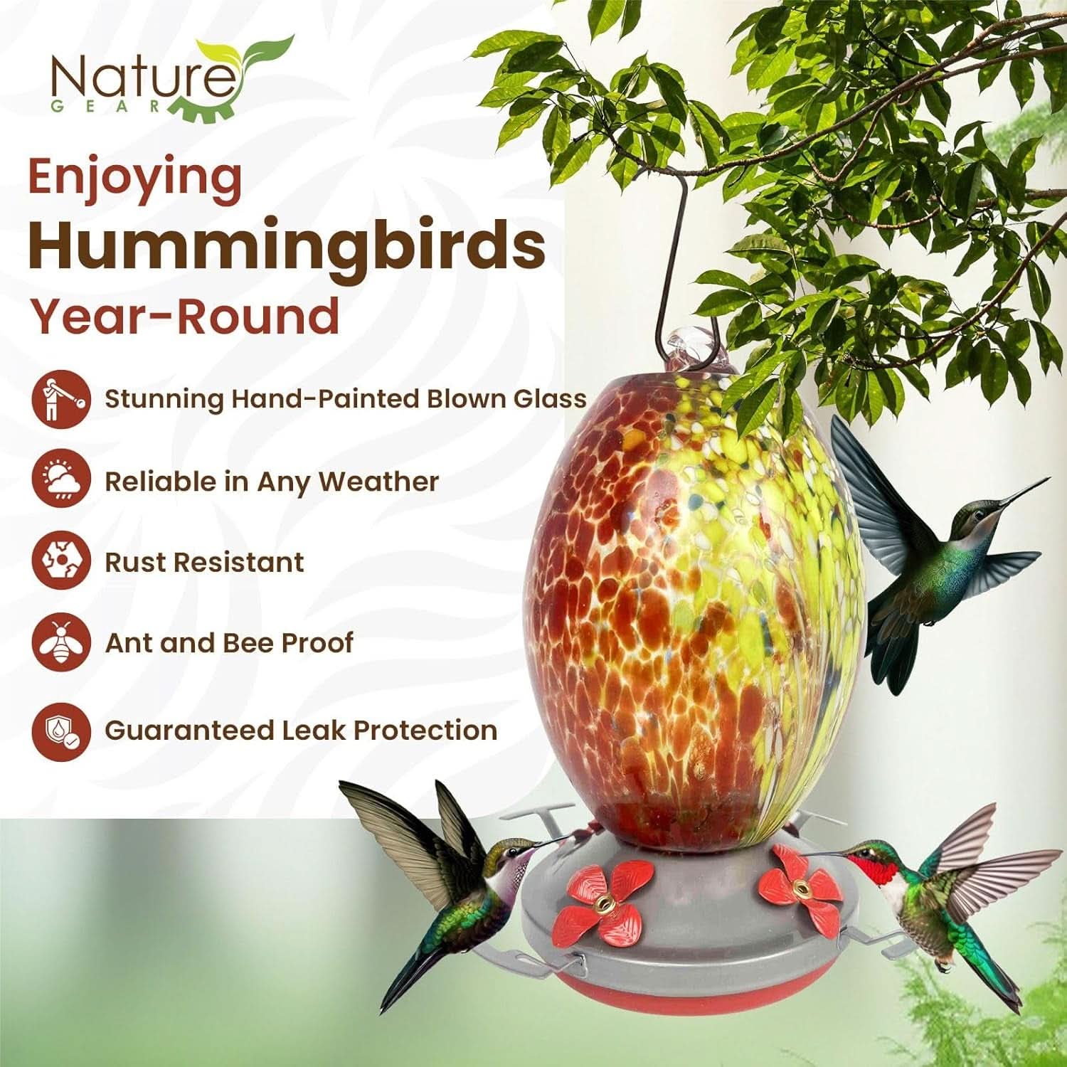 Premium Hanging Glass Hummingbird Feeder with Ant Moat - Durable, Easy to Clean, Volcano Red for Outdoor Gardens
