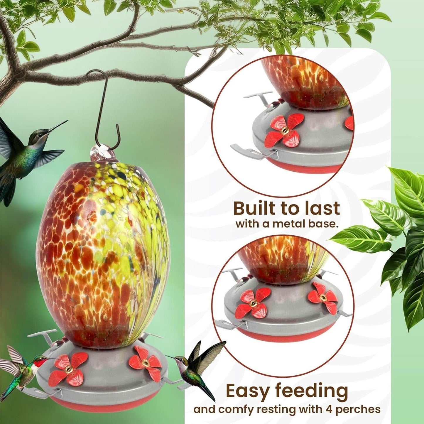 Premium Hanging Glass Hummingbird Feeder with Ant Moat - Durable, Easy to Clean, Volcano Red for Outdoor Gardens