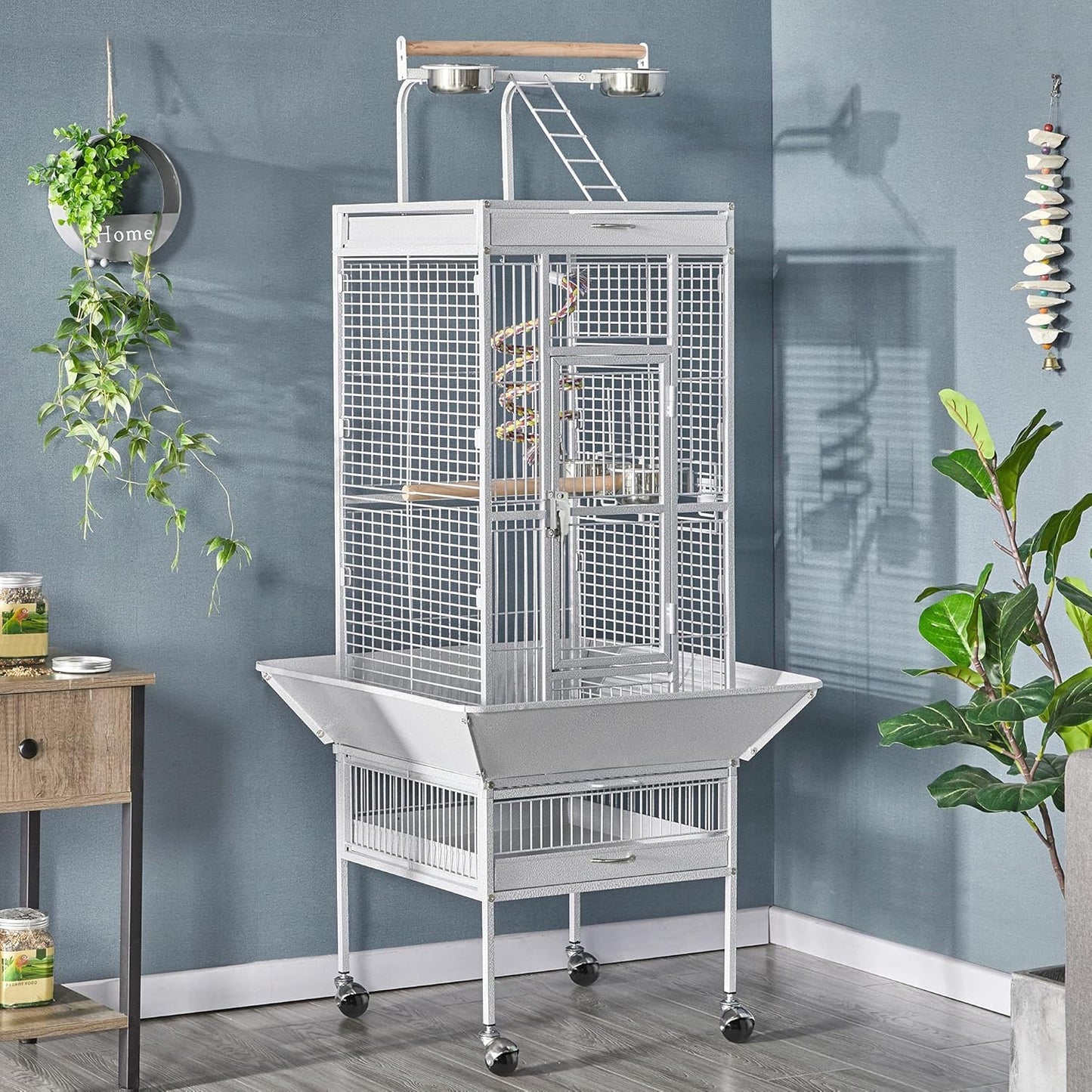 61-Inch White Wrought Iron Large Parrot Bird Cage with Play Top