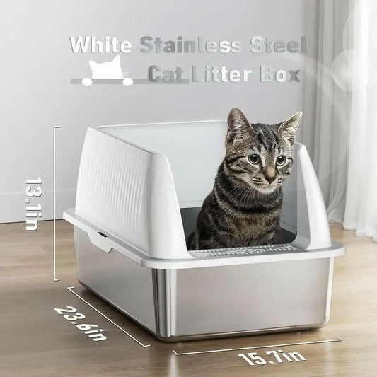 Petterm Stainless Steel Cat Litter Box with Scoop & Mat, Large Semi or Fully Enclosed Design, High-Side Enclosure, Non-Sticky, Anti-Leak, High-Walled