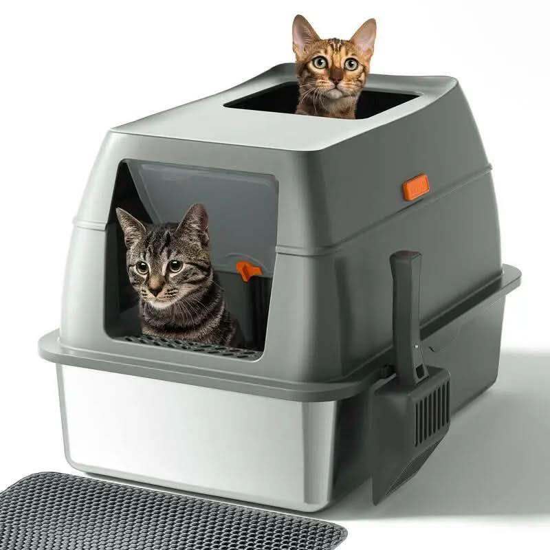 Petterm Stainless Steel Cat Litter Box with Scoop & Mat, Large Semi or Fully Enclosed Design, High-Side Enclosure, Non-Sticky, Anti-Leak, High-Walled