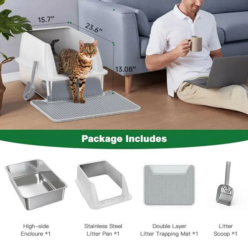 Petterm Stainless Steel Cat Litter Box with Scoop & Mat, Large Semi or Fully Enclosed Design, High-Side Enclosure, Non-Sticky, Anti-Leak, High-Walled