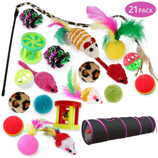 Cat Toys 21Pcs Kitten Toy Set Tunnel Interactive Black Straight through Cat Toy Set with Fluffy Mouse for Cats
