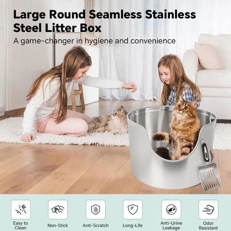 Aothey Stainless Steel Litter Box Metal with Integrated round for XL/XXL Big and Multi Cats, 12" High Wall High Side, Odor Control, Easy to Clean, Durable, Includes Stainless Steel Scoop Tray Enclosed Pet Supplies Free Litterbox
