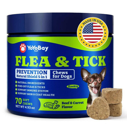 Flea & Tick Prevention for Dogs Chewables, Yoyobay Natural Dog Fleas and Ticks Control Supplement, Dogs Supplement, Natural Shield 5-In-1 Protection, Beef & Carrot Flavor, 70 Soft Chews