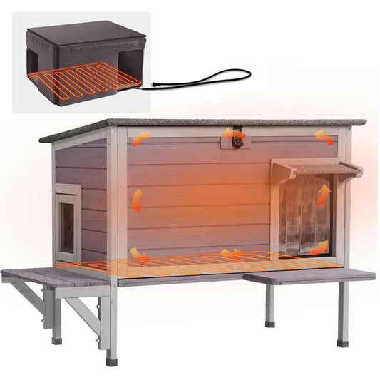 Aivituvin-Air91-In-Hp Wooden Heated Cat House with Adjustable Temperature Pad | Waterproof Roof| Outdoor Cat Shelter| Insulation