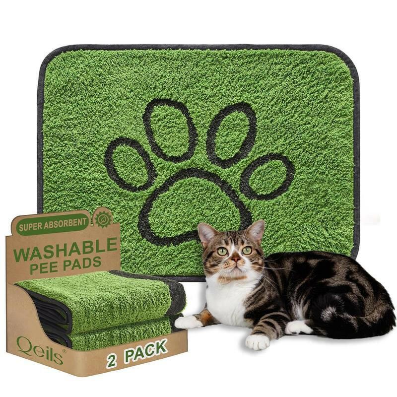 Qeils Super Absorbent Washable Pee Pads for Dogs 2 Pack Green Long Wool Mat Reusable Puppy Pads for Potty Training Outdoorfun Paws Unscented Eco-Friendly