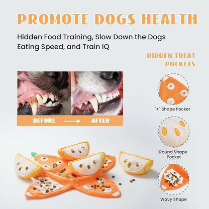 Nocciola 5-In-1 Orange Dog Enrichment Toys, 4 Orange Slices with a Peel Snuffle Mat for Treats Hunting Fun, Squeaky Hide and Seek Puzzle Dog Toy for Medium Dogs