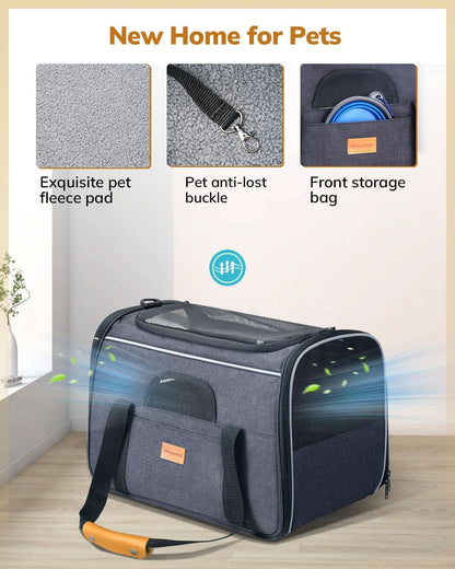 Soft-Sided Cat Carrier - Large Capacity for Medium and Large Cats and Puppies up to 18 lbs, Airline-Approved Pet Carrier with Safety Zippers and Foldable Bowl - Dark Gray