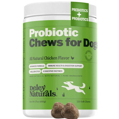 Deley Naturals Probiotic Chews for Dogs - All Natural Chicken Flavor, 120 Chews, 4 Billion Cusps, Supports Digestion & Immune Health