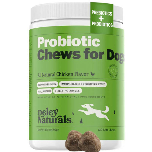 Deley Naturals Probiotic Chews for Dogs - All Natural Chicken Flavor, 120 Chews, 4 Billion Cusps, Supports Digestion & Immune Health