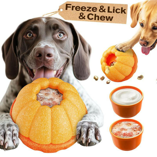KADTC Frostlick Frozen Lick Treat Tray Toys Kibble Dispensing Dog Toy Durable Chew Ball for Dogs Freeze Orange Peanut Butter Filling DIY Food Interactive Puppy Stuffable Crate Enrichment Balls