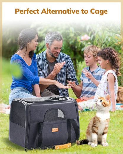 Soft-Sided Cat Carrier - Large Capacity for Medium and Large Cats and Puppies up to 18 lbs, Airline-Approved Pet Carrier with Safety Zippers and Foldable Bowl - Dark Gray