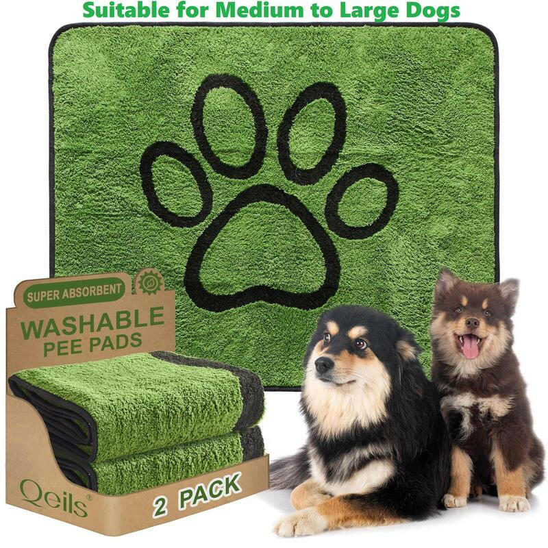 Qeils Super Absorbent Washable Pee Pads for Dogs 2 Pack Green Long Wool Mat Reusable Puppy Pads for Potty Training Outdoorfun Paws Unscented Eco-Friendly