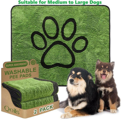 Qeils Super Absorbent Washable Pee Pads for Dogs 2 Pack Green Long Wool Mat Reusable Puppy Pads for Potty Training Outdoorfun Paws Unscented Eco-Friendly