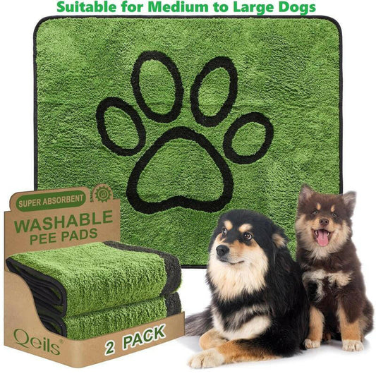 Qeils Super Absorbent Washable Pee Pads for Dogs 2 Pack Green Long Wool Mat Reusable Puppy Pads for Potty Training Outdoorfun Paws Unscented Eco-Friendly