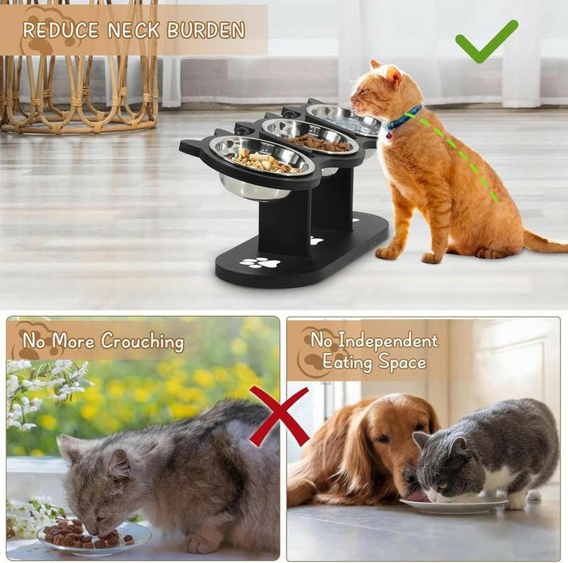Raised Cat Food Bowls for Indoor Cats, Elevated Cat Bowls,Adjustable Heights Pet Bowl with Black Shelf,3 Stainless Steel Elevated Cat Bowls Stand with 15 ° Tilted,Cat Food and Water Bowl Setcat Food Bowl Slow Feeder Bowl
