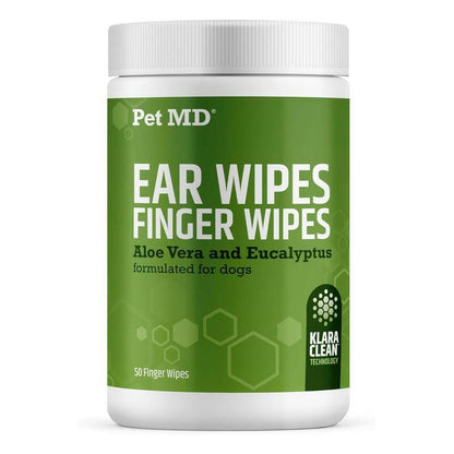 Pet MD Ear Finger Wipes for Dogs - Extra-Coverage & Large Design - Eucalyptus & Aloe Vera - 50Ct