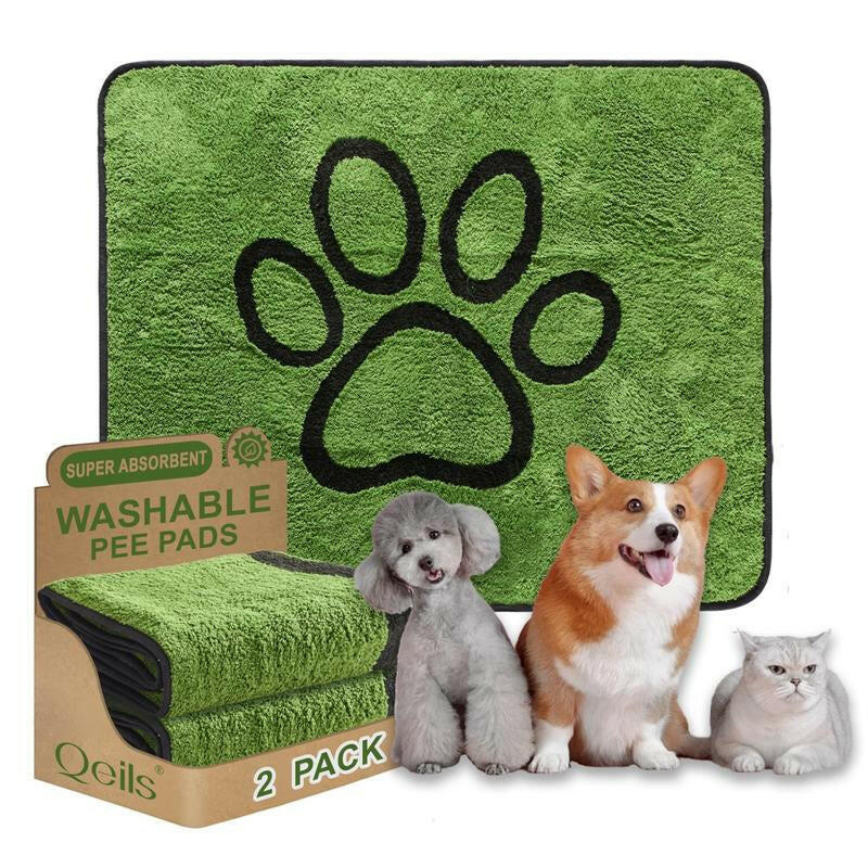 Qeils Super Absorbent Washable Pee Pads for Dogs 2 Pack Green Long Wool Mat Reusable Puppy Pads for Potty Training Outdoorfun Paws Unscented Eco-Friendly