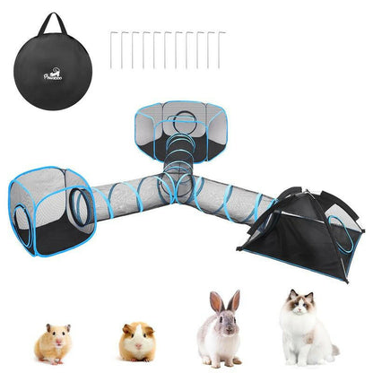 Outdoor Cat Enclosures for Indoor, Patio Portable Mesh Tent, Tunnel, Playhouse with Free Carry Bag & Metal Rod for Multiple Cats and Small Animals, Includes Playpen+2 Tents+Tunnel