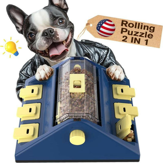 KADTC Paw-Activated Rolling Puzzle Game Toy Level 2 in 1 Treat Toys Capacity 16.4-14Oz Slow Feeder Adjustable Interactive Food Dispenser for Medium/Large Dogs Brain Mental Stimulation and Healthy Eating