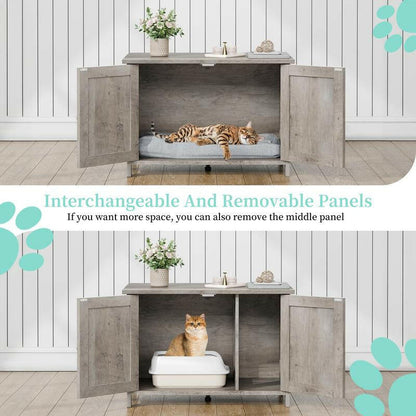 Walsunny Cat Litter Box Furniture with Removable Divider Hidden Enclosure and End Table White Brown Gray Wood Adjustable System for Personalized Configurations Double Door Design