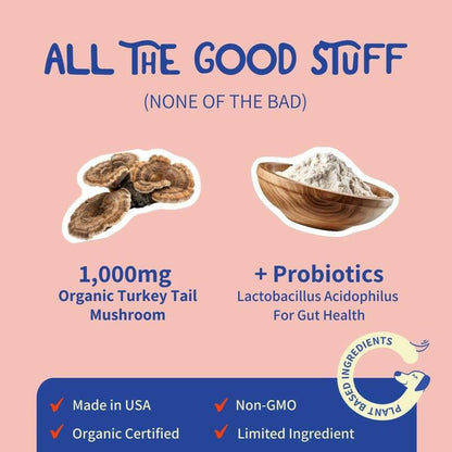 Fifth & Fido Turkey Tail+ - Dog Food Topper with Probiotics for Lipomas, Immune Support & Gut Health - 100 Servings - Bacon Flavor - Natural Allergy Relief - Supplements