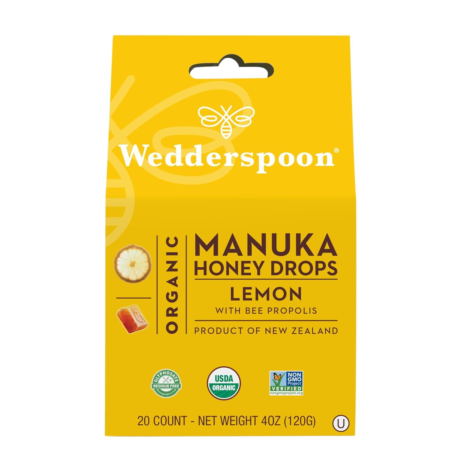 Organic Manuka Honey Drops with Lemon and Bee Propolis, 20 Count | Authentic New Zealand Honey | Ideal Soothing Solution for Dry Throats