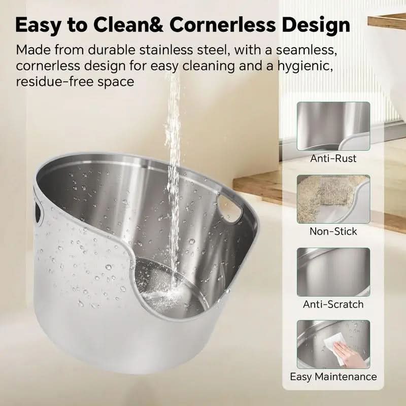 Aothey Stainless Steel Litter Box Metal with Integrated round for XL/XXL Big and Multi Cats, 12" High Wall High Side, Odor Control, Easy to Clean, Durable, Includes Stainless Steel Scoop Tray Enclosed Pet Supplies Free Litterbox